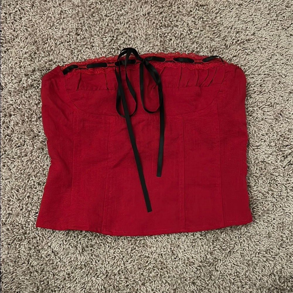 Princess Polly Red Strapless Top with Black Ribbon